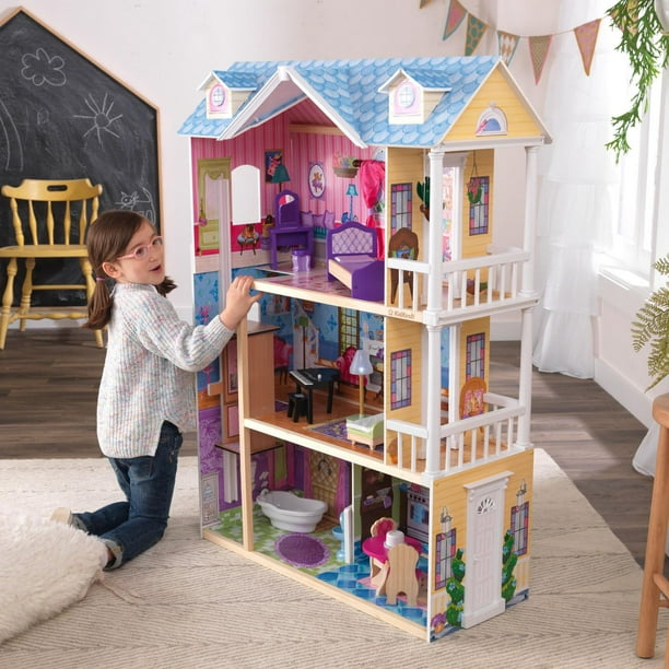 Maison de poupée en bois jeu d'imitation grand réalisme multi-équipements 3  niveaux escalier terrasses 