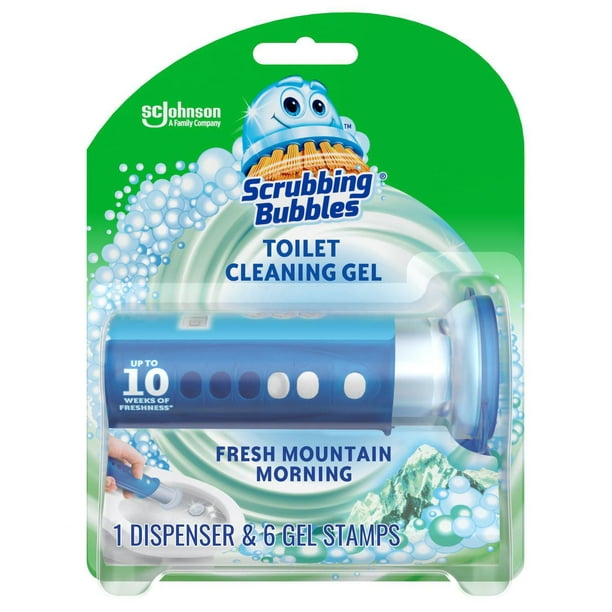Scrubbing Bubbles Gel nettoyant pour cuvette, parfum Matin de montagne, Distributeur et 6 tampons de gel 38 g