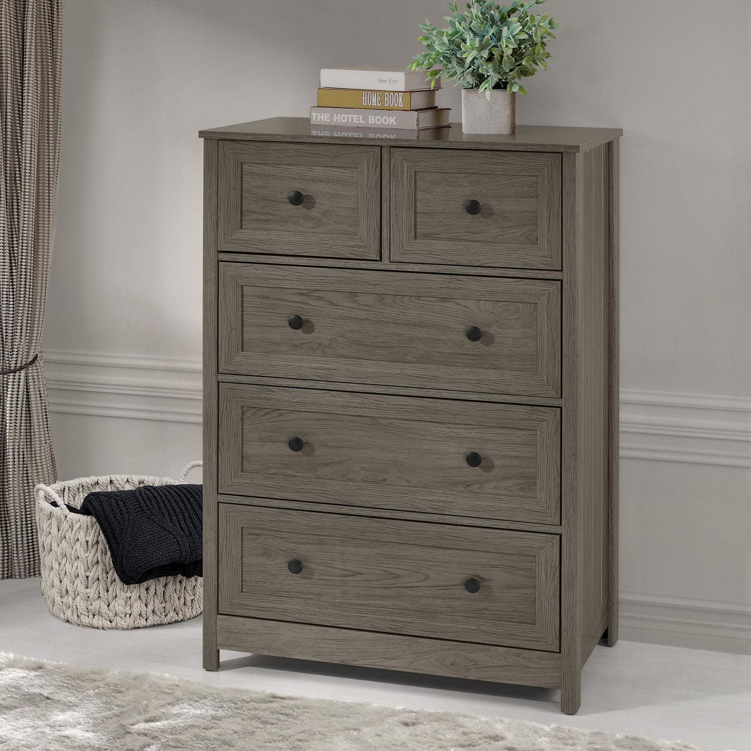 Mid Century Modern Groove Dresser with 5 Drawers Slate Grey Walmart