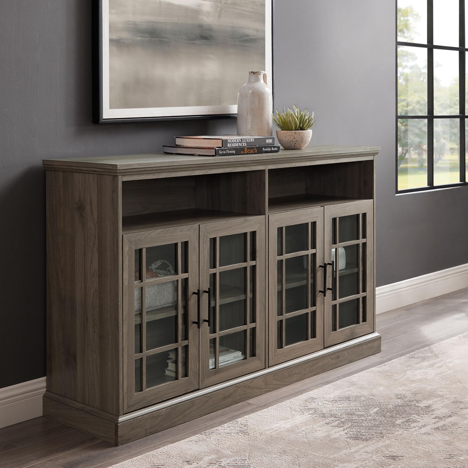 Classic Glass Door TV Console With Storage Cabinets For TV S Up To 64   6000200297002 