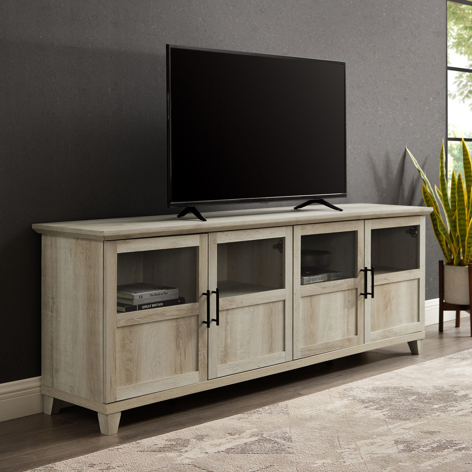 Farmhouse TV Console with Split Panel Doors and Storage for TV's up to