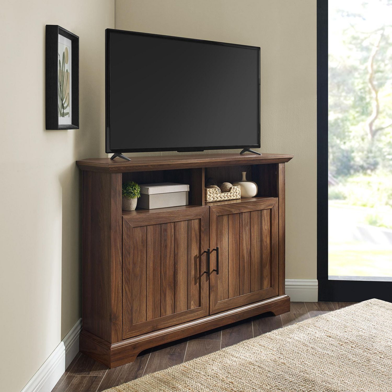 Modern Farmhouse Grooved Door Corner TV Console for TV's up to 48