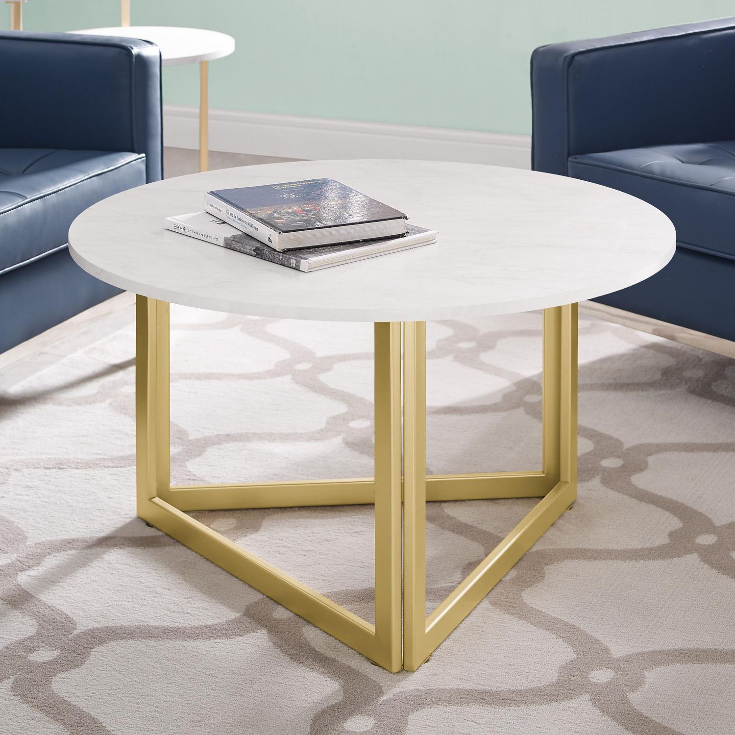 Modern Triangle Base Round Coffee Table - White Faux Marble | Walmart ...
