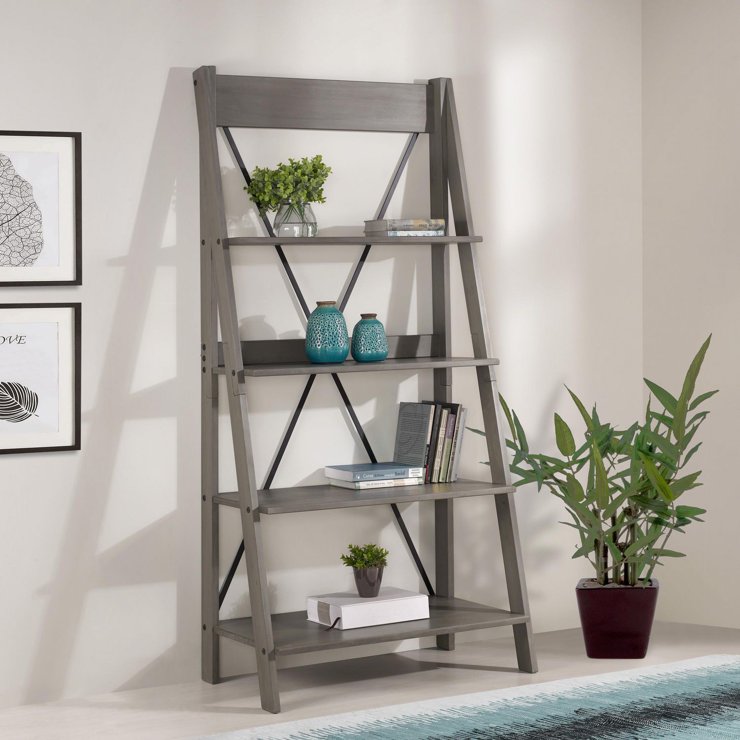 4 Shelf Modern Farmhouse Solid Wood Ladder Bookshelf And Storage