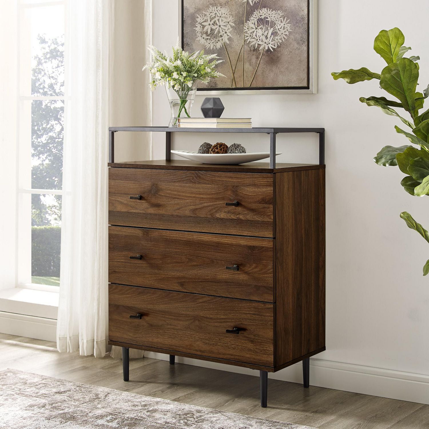 Modern Glass Top 3 Drawer Storage Chest Dark Walnut Walmart Canada