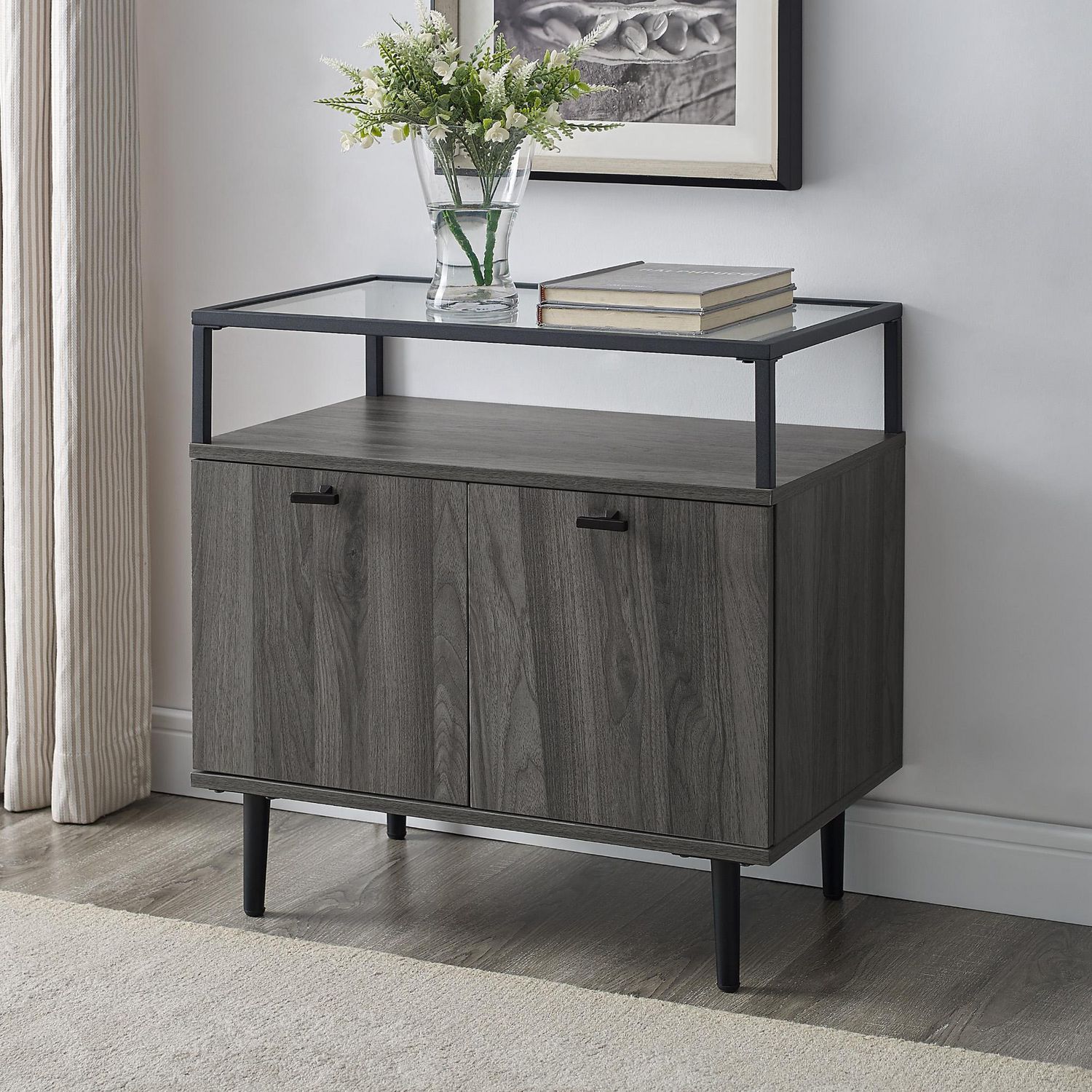 Modern Glass Top 2 Door Side Table Slate Grey Walmart Canada