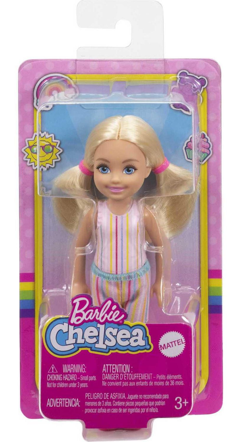 Barbie Chelsea Doll 6 inch Blonde Wearing Skirt with Striped Print and Pink Boots Gift for 3 to 7 Year Olds