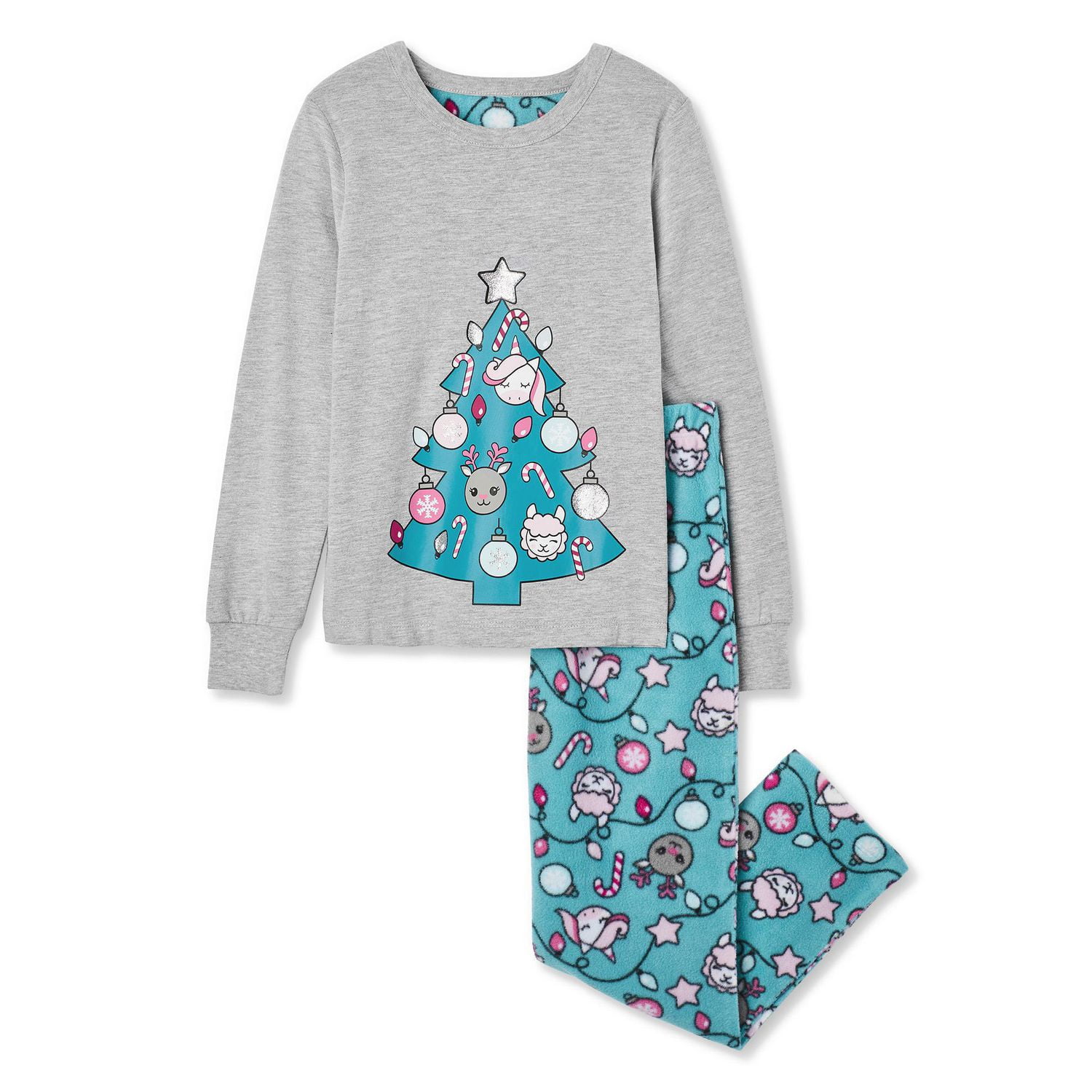 George Girls' Long Sleeve Tee and Microfleece Pant 2-Piece PJ Set