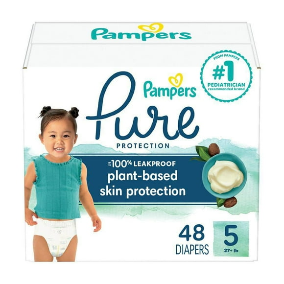 Pampers Pure Baby Diapers, Size 5 (27+ lbs), 48, Up to 100% Leakproof, Premium Hypoallergenic Soft Diapers, 48CT