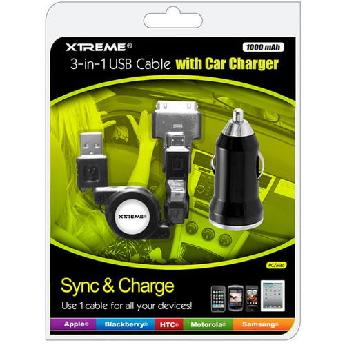 Xtreme Cables 3-in-1 USB Cable w / chargeur de voiture