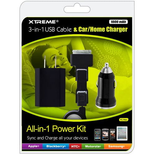 Xtreme Cables 3-in-1 câble USB w / voiture / chargeur secteur