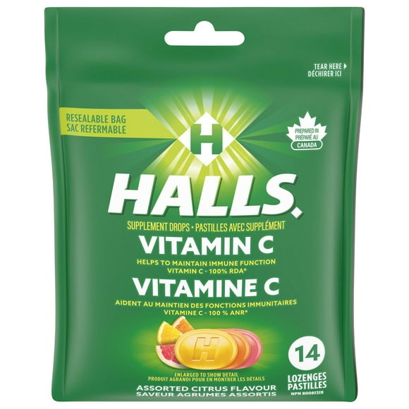 HALLS Vitamin C Assorted Citrus Flavour Supplement Drop Lozenges, Throat Lozenges 14 pieces