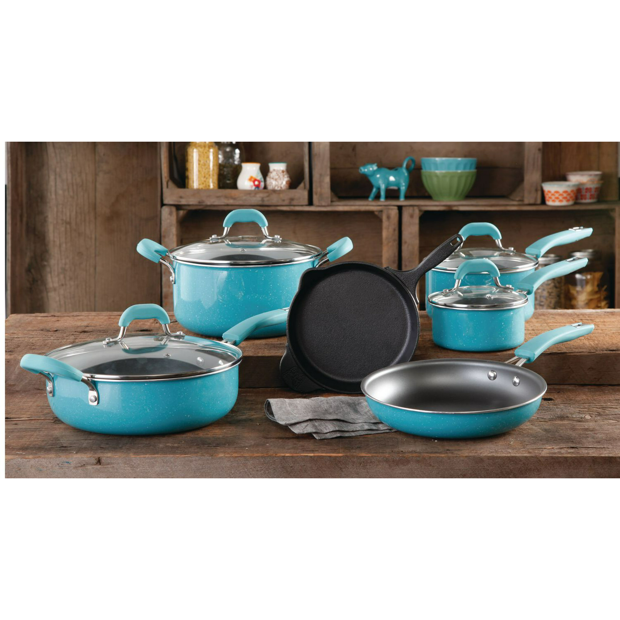  The Pioneer Woman Vintage Speckle 10 Piece Non-Stick  Pre-Seasoned Cookware Set: Home & Kitchen