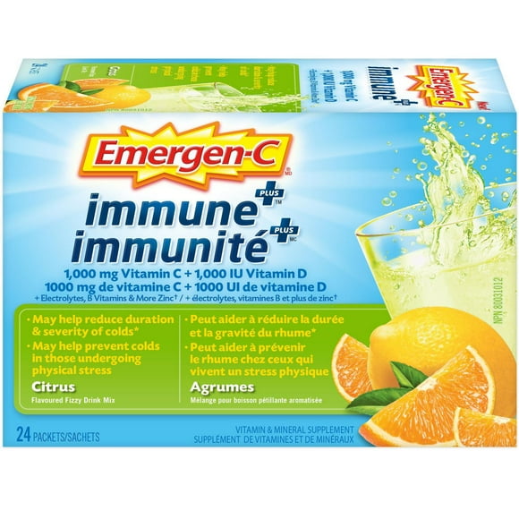 Emergen-C Immune+ Vitamin C & Mineral Supplement Fizzy Drink Mix, Citrus, 24 Packets