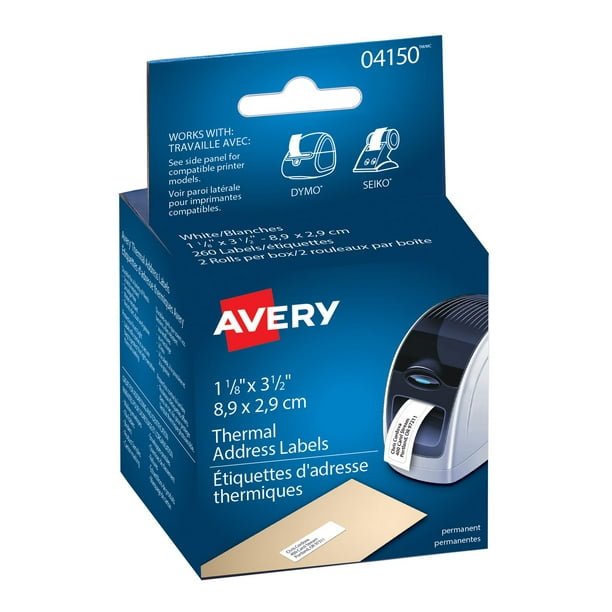 Avery® Étiquettes blanches à usages multiples, pour imprimantes d'étiquettes 4150, 1-1/8 po x 3-1/2 po , deux rouleaux de 130