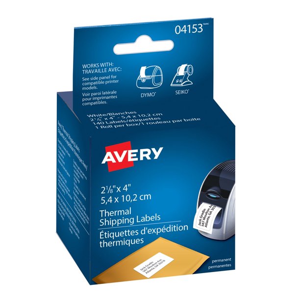 Avery® Grandes étiquettes blanches à usages multiples, pour imprimantes d'étiquettes 4153, 2-1/8 po x 4 po , rouleau de 140