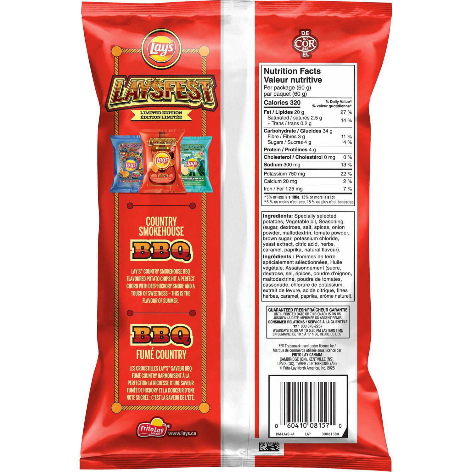 Lay's croustilles assaisonnées BBQ fumé country, 60 g.