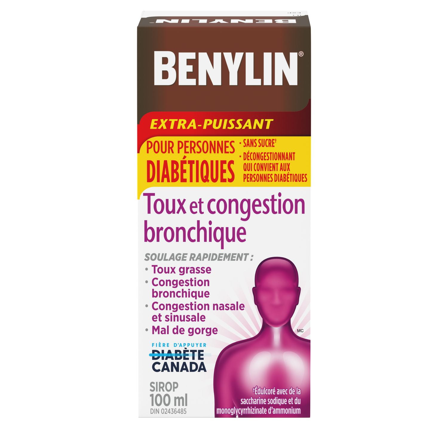 Benylin Extra-puissant, Toux et congestion bronchique, pour personnes diabétiques, sans saccharose, soulage la toux et la congestion nasale, sirop 100 ml