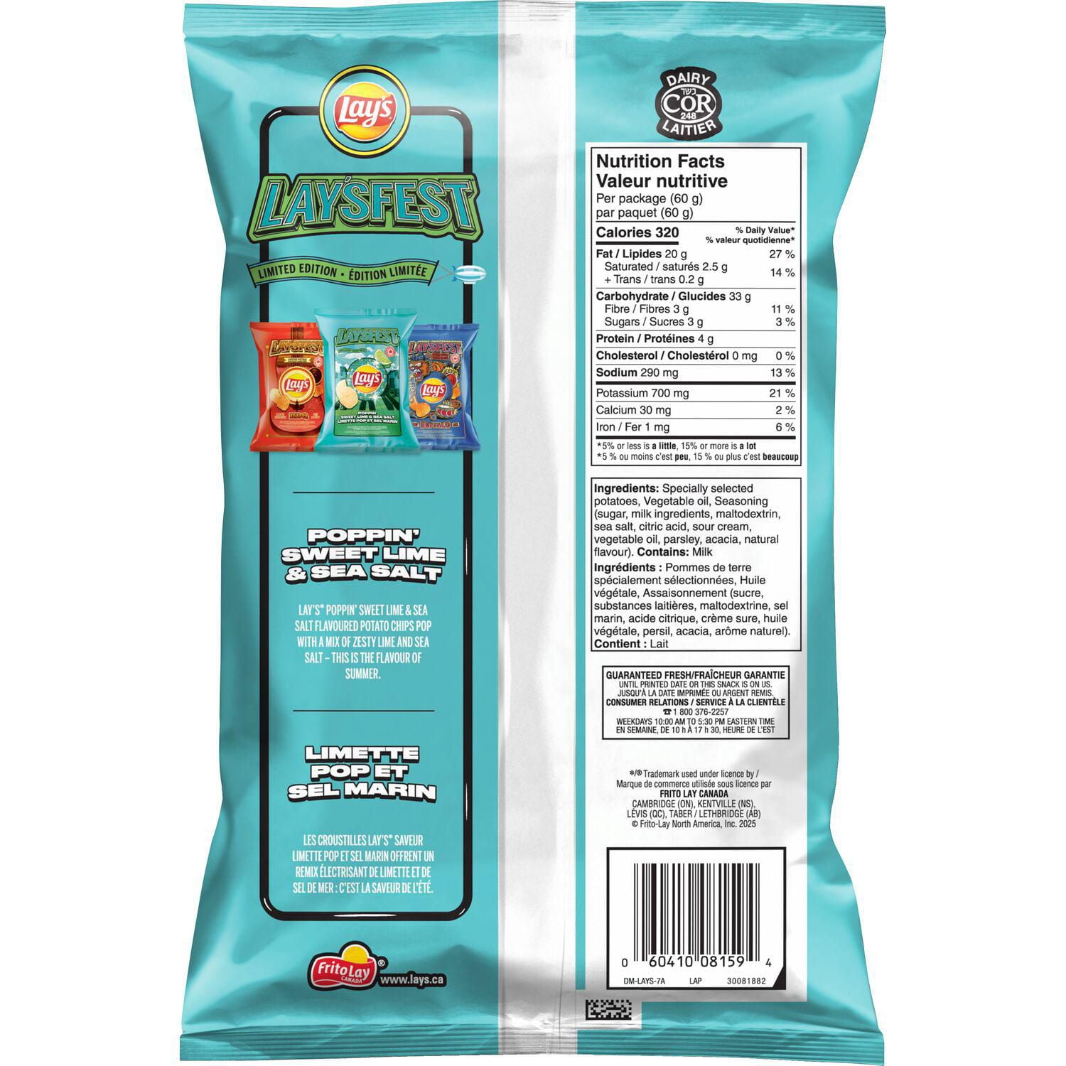 Lay's croustilles assaisonnées Limette pop et sel marin, 60 g.