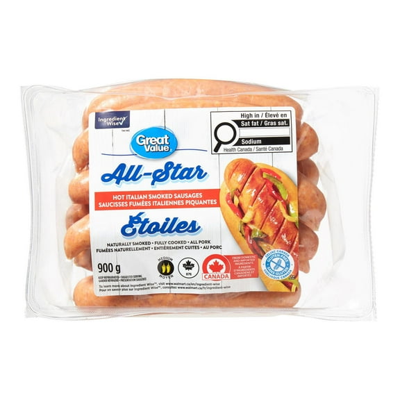 Saucisses fumées italiennes piquantes Étoiles Great Value 8 saucisses, 900 g au total