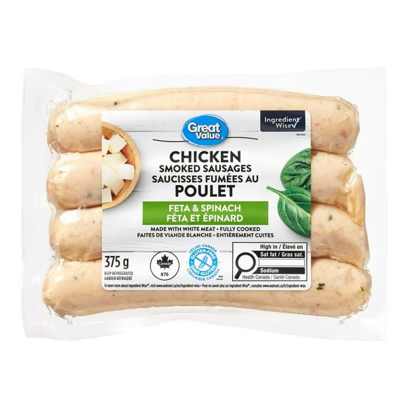 Great Value Feta & Spinach Chicken Smoked Sausages, 4 pieces, 375 g total