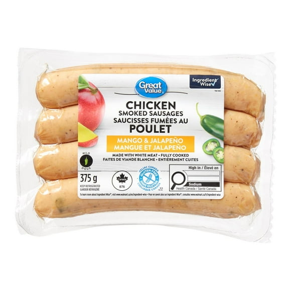 Great Value Mango & Jalapeño Chicken Smoked Sausages, 4 pieces, 375 g total