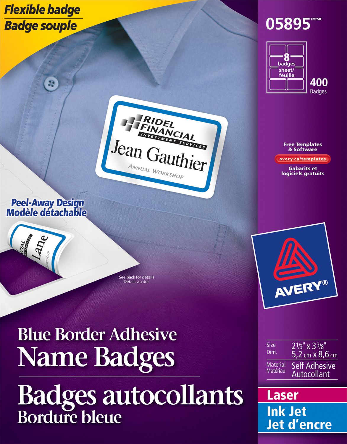 Avery® Adhesive Name Badges Blue Border 5895, 21/3" X 33/8", Box of