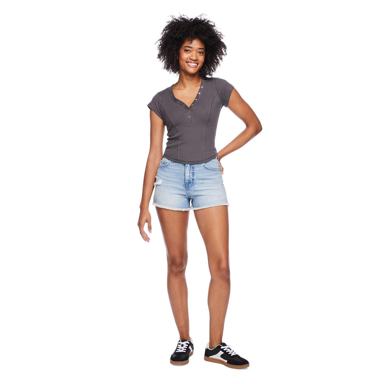 No Boundaries Women's Rib Henley Tee