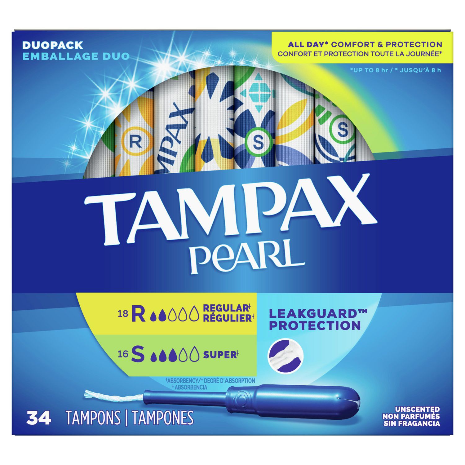 Tampax Pearl Tampons Duo Pack, with LeakGuard Braid, Regular/Super  Absorbency, Unscented, 34 Tampons 