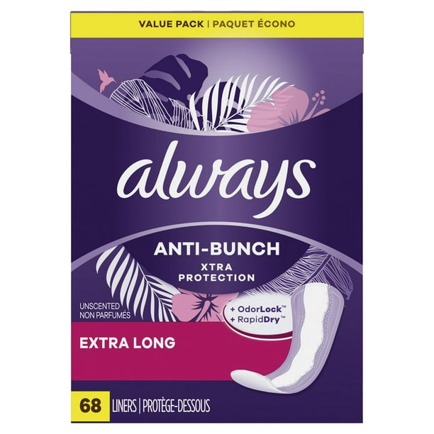  Always Anti-Bunch Xtra Protection, Panty Liners For Women, Extra  Long Length, Unscented, 68 Count : Health & Household