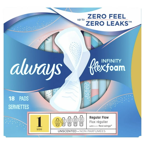 Always Infinity FlexFoam Pads for Women Size 1 Regular Absorbency, Zero  Leaks & Zero Feel is possible, with Wings Unscented, 18 Pads
