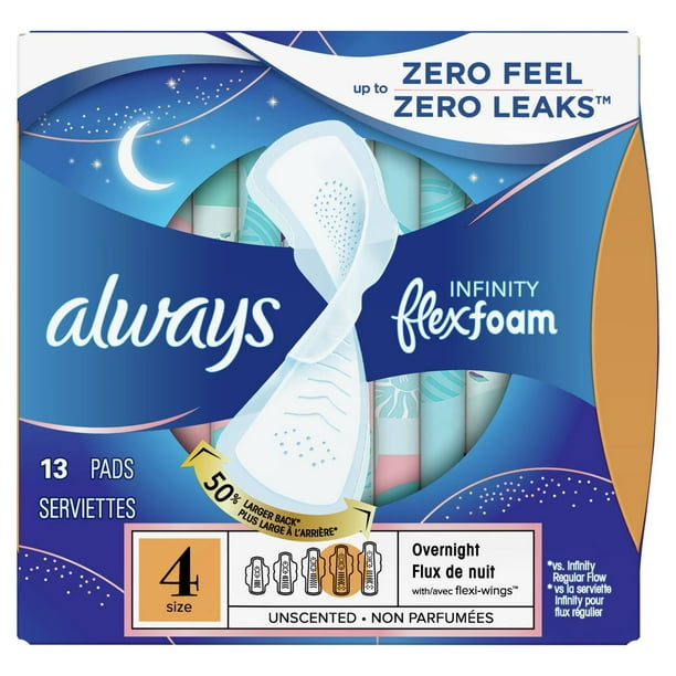 Always Infinity FlexFoam Pads for Women Size 4 Overnight Absorbency, Up to  12 hours Zero Leaks, Zero Feel Protection, with Wings Unscented, 13 Count 