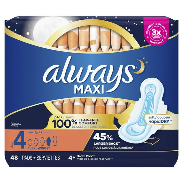 Always Maxi Pads Size 4 Overnight Absorbency Unscented with Wings, 48 Pads  