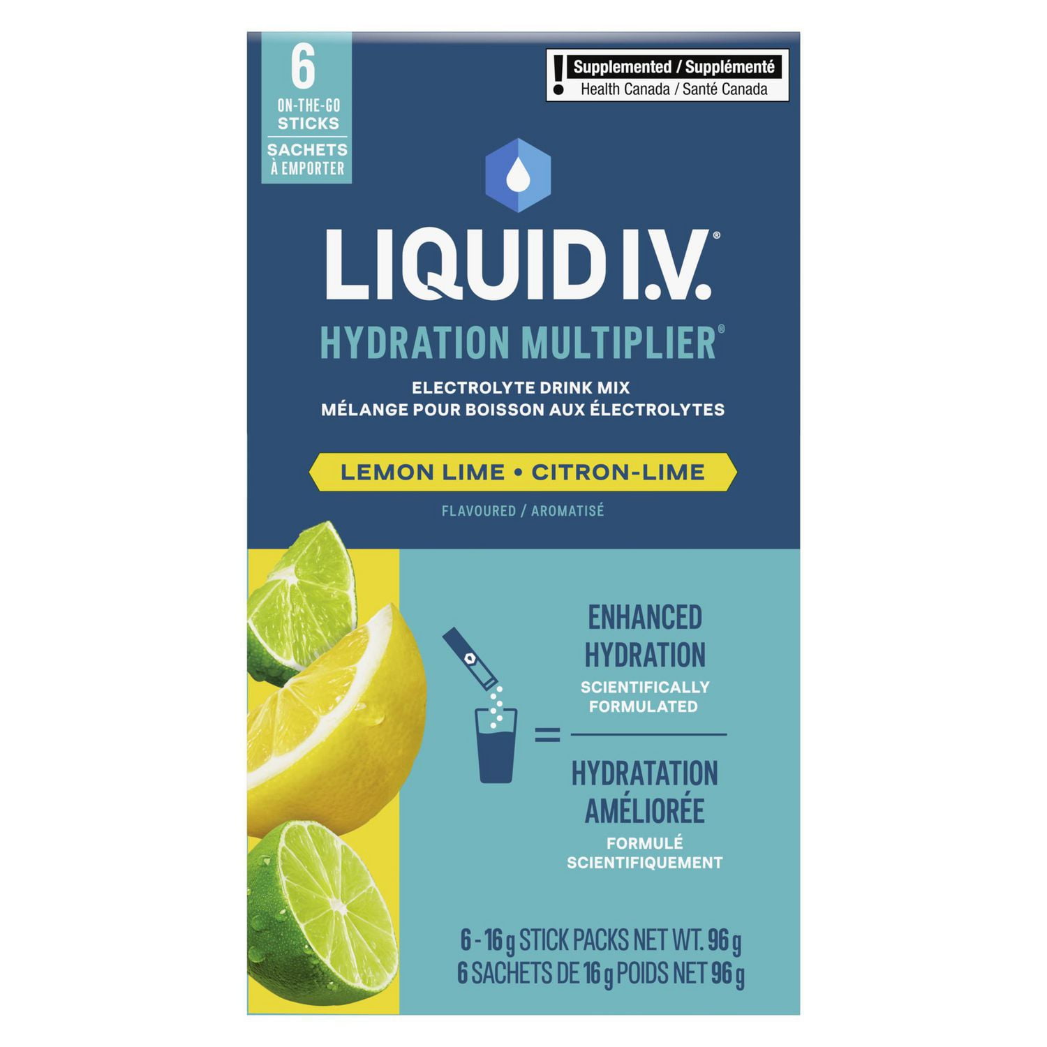 Mélange pour Boisson aux Électrolytes Liquid I.V.  Hydration Multiplier Citron-Lime 16g Mélange/6 unités