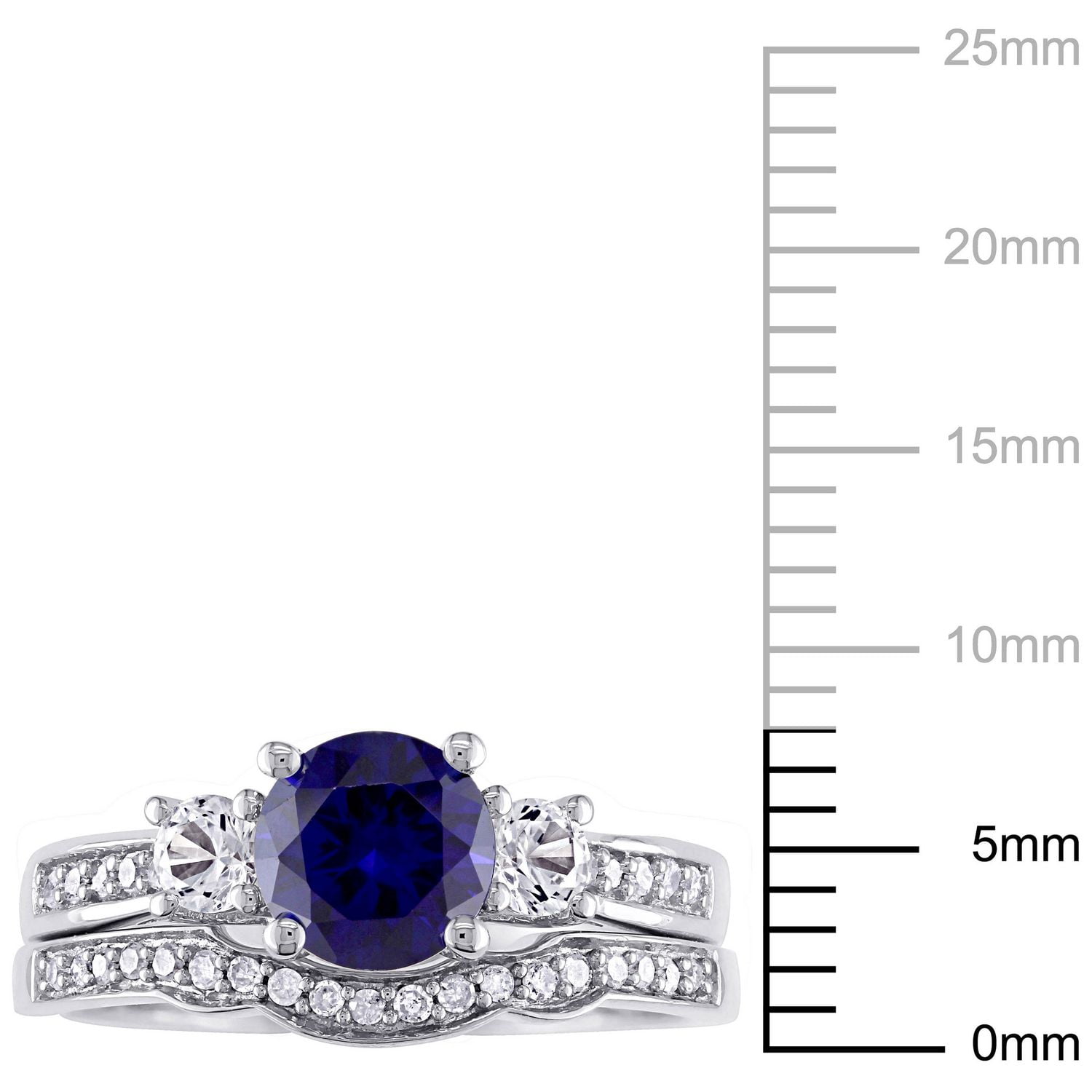 Tangelo 1.33 Carat T.G.W Created Blue and White Sapphire with 0.14 Carat T.W Diamond 10 K White Gold Three Stone Bridal Set