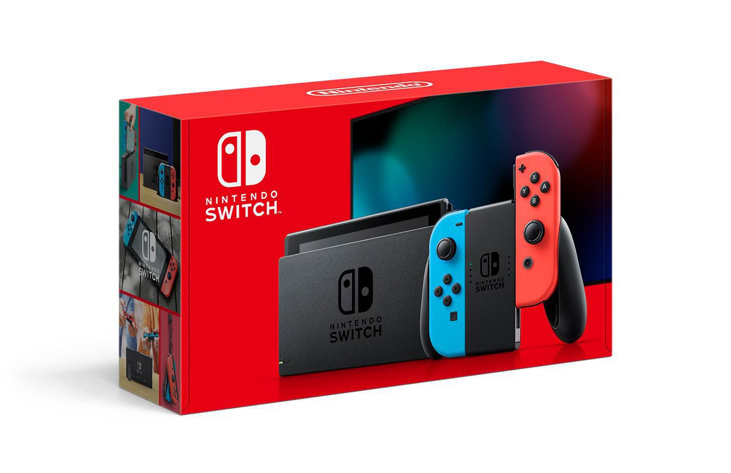 Nintendo Switch avec Joy‐Con Bleu Néon et Rouge Néon (Nintendo Switch) Vue Orientée vers l'Avant de la console Noire Ancrée dans Sa Station d'Accueil Noire avec Joy‐Con Bleu Néon Gauche et Joy‐Con Rouge Néon Droit Attachés; console portable convertible pour Jeux sur Télé avec Station d'Accueil, modes Portatifs et de Table, Souvent Utilisée pour le Multijoueur local et les Jeux en Voyage.