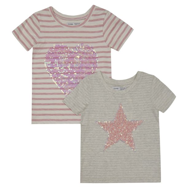 Paq. de 2 t-shirts avec cœur et étoile pailletés sur le devant George British Design pour filles