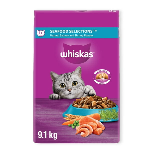 Nourriture sèche pour chats WHISKAS Sélections aux fruits de mer Protéines de haute qualité avec arôme naturel de saumon et de crevettes 2- 9,1 kg