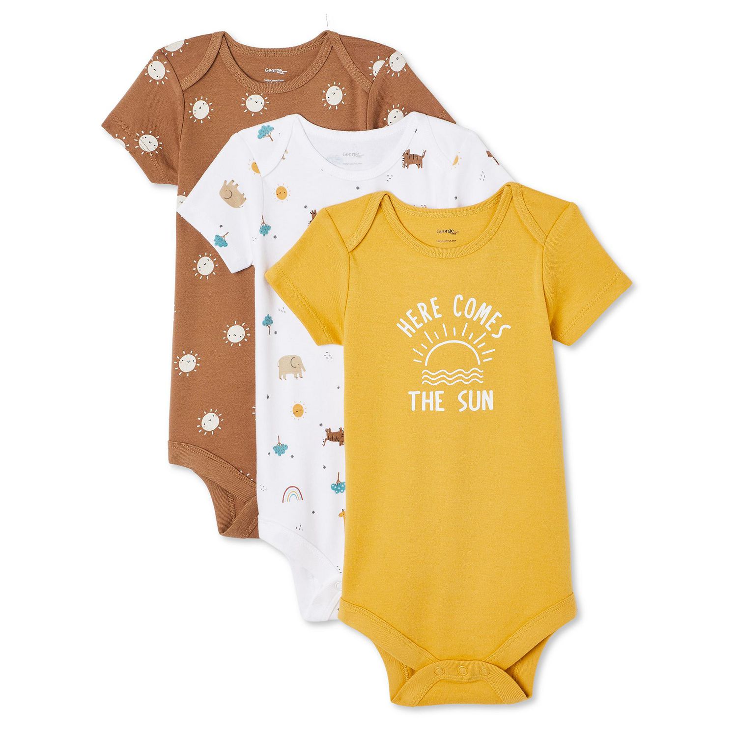 George Infants' Unisex Layette 100% Cotton 3-Pack Bodysuit