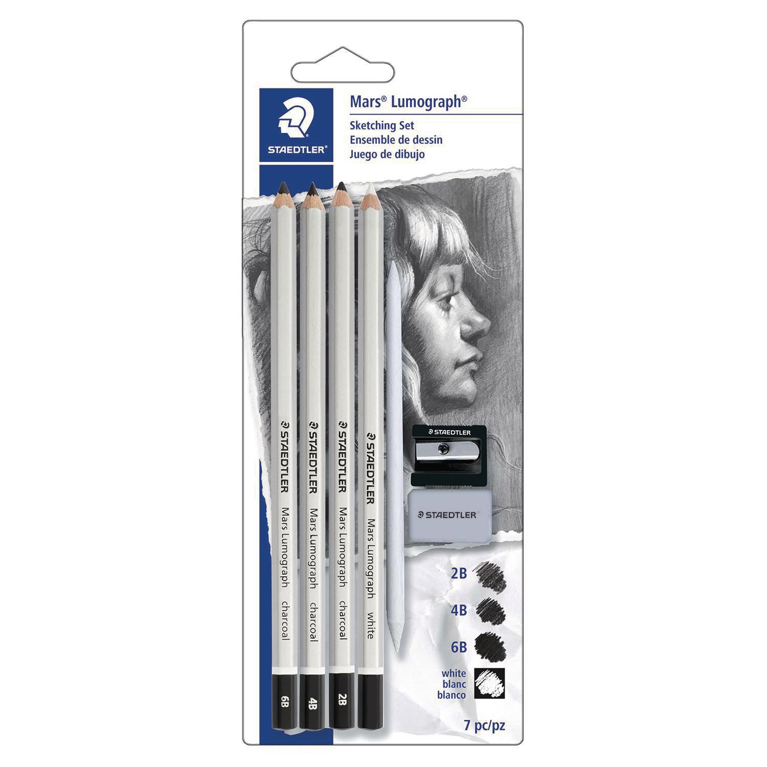 Crayons fusain Mars Lumograph de Staedtler, emballage-coque de 3 crayons à  dessin (D, M, S), 1 crayon blanc, 1 estompe, gomme et taille-crayon 