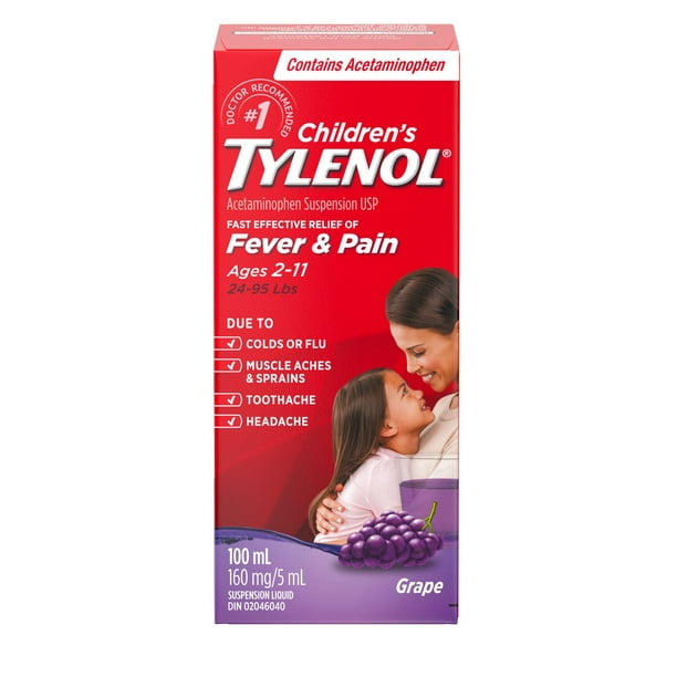 Tylenol Médicament pour enfants 2-11 ans; soulage fièvre et douleur, suspension orale d’acétaminophène à 160 mg/5 ml, raisin 100 ml