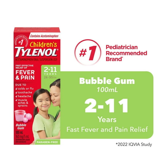 Tylenol Médicament pour enfants 2-11 ans; soulage fièvre et douleur, suspension orale d’acétaminophène à 160 mg/5 ml, gomme à bulles 100 ml