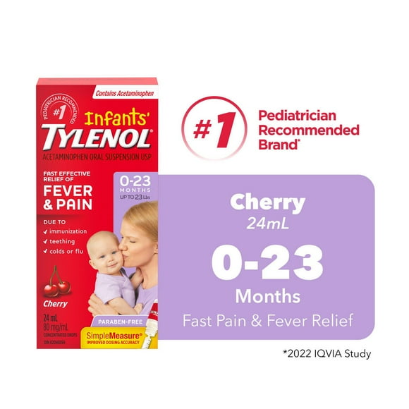 Tylenol Médicament pour nourrissons 0-23 mois; soulage fièvre et douleur, suspension orale d’acétaminophène à 80mg/1 ml, cerise 24 ml