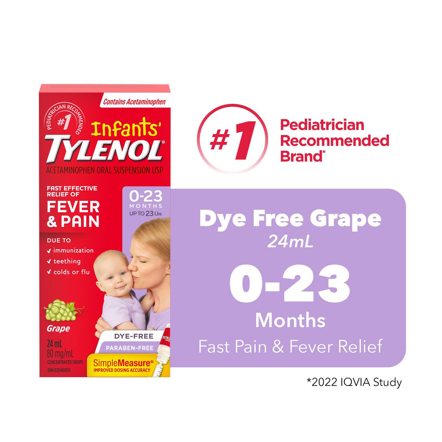 Tylenol Médicament pour nourrissons 0-23 mois; soulage fièvre et douleur, suspension d’acétaminophène à 80 mg/1 ml, raisin, sans coloran, 24 ml