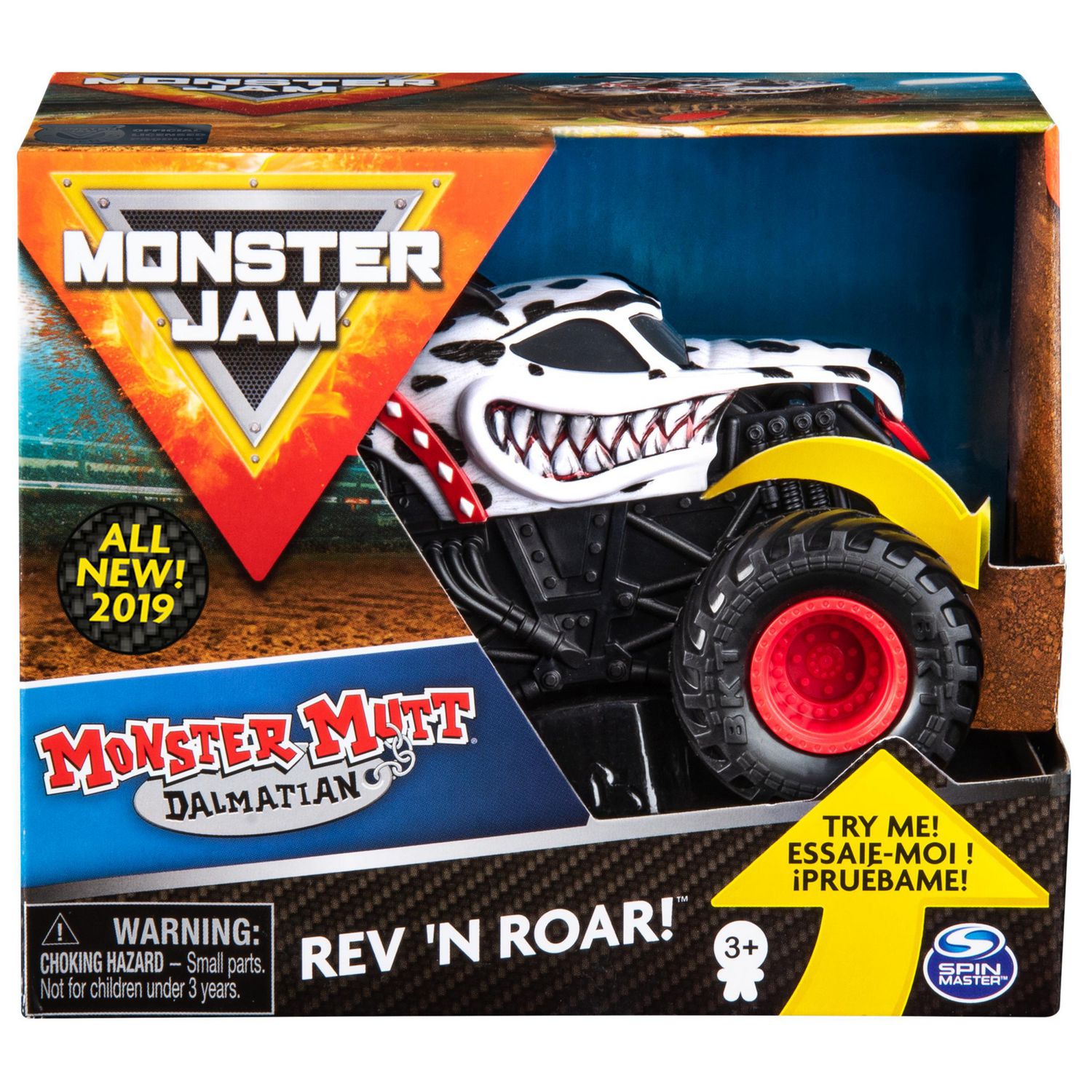 Monster Jam, Official Monster Mutt Dalmatian Rev ‘N Roar Monster Truck,  1:43 Scale