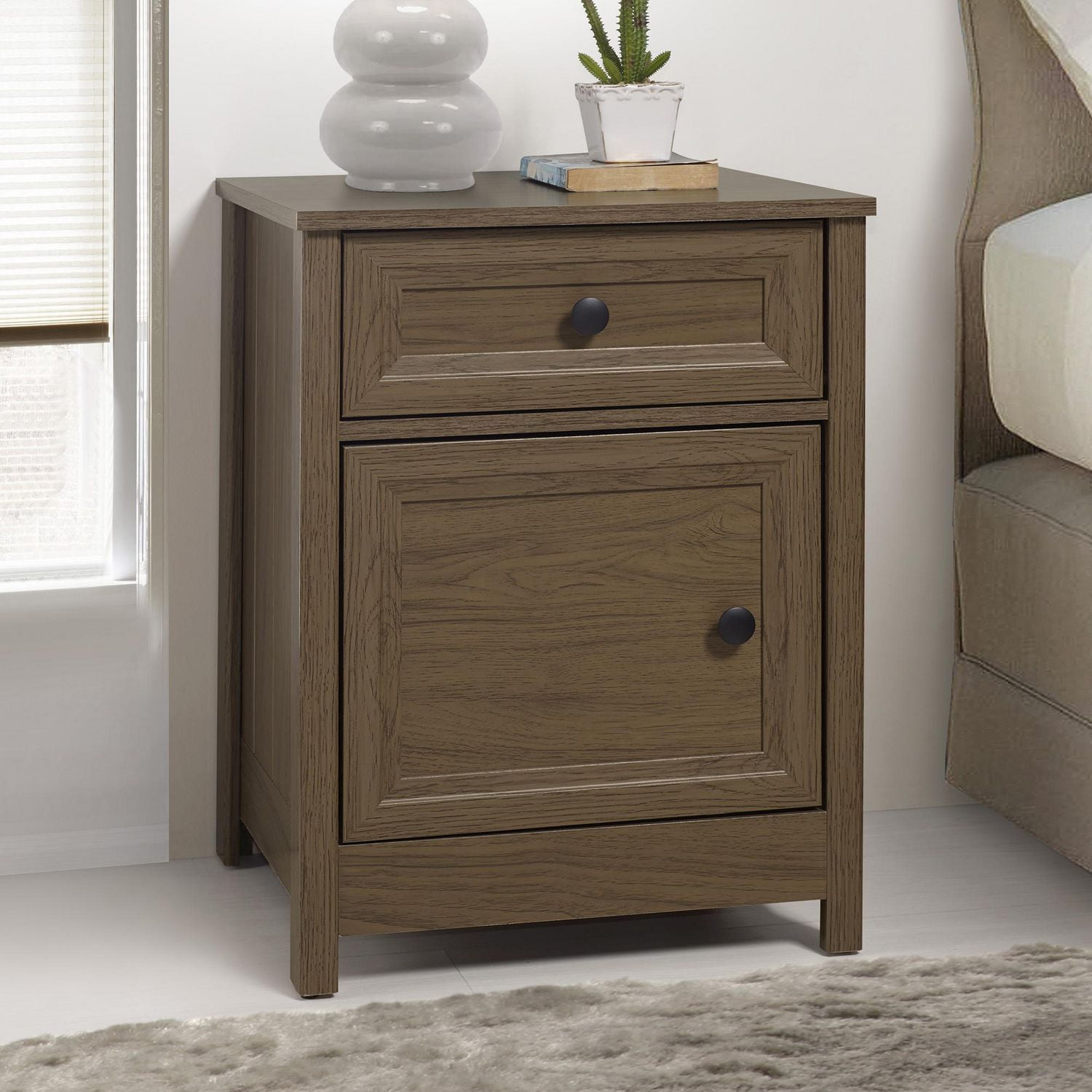 Mid Century Modern Groove Nightstand with 1 Drawer Dark Walnut