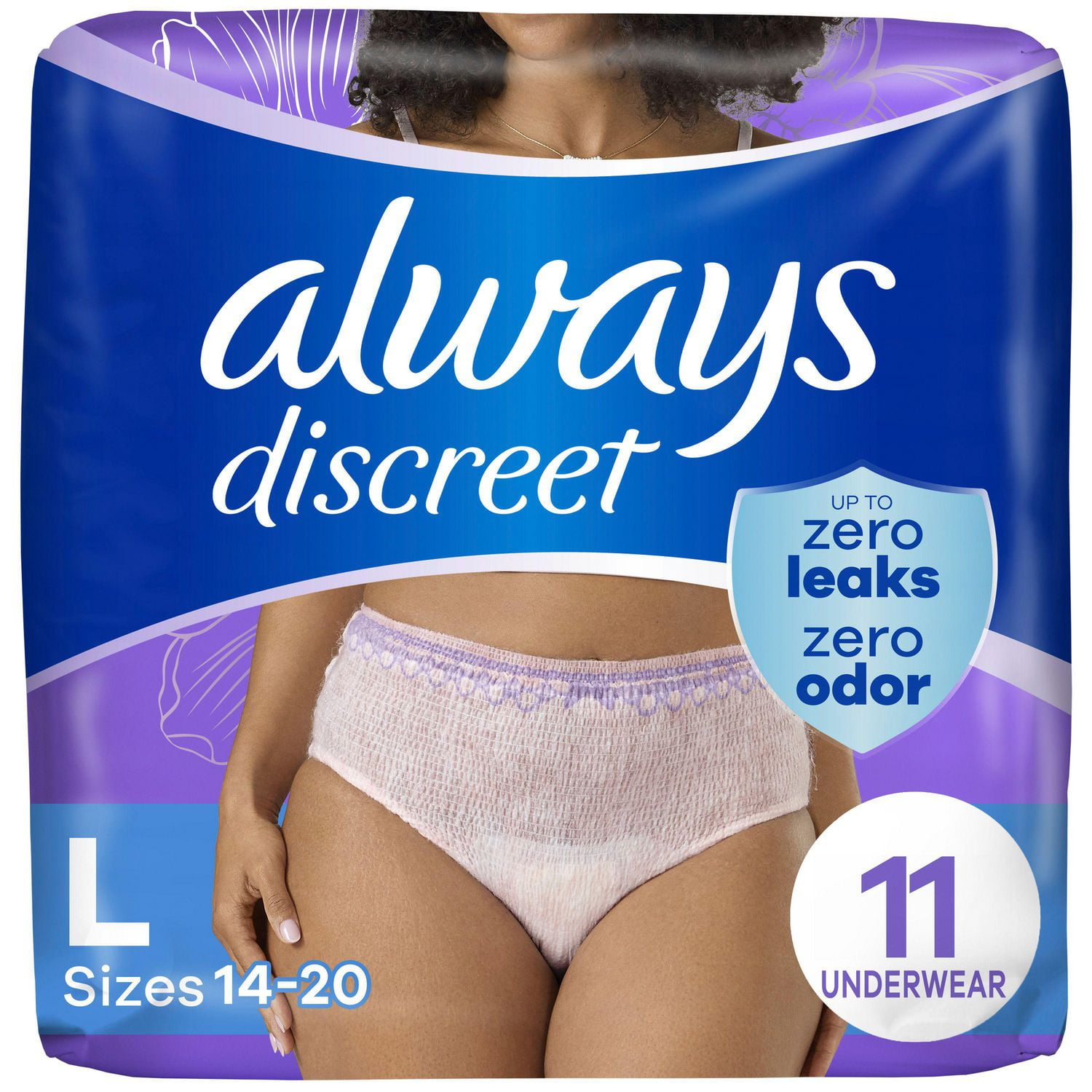 Always Discreet Adult Incontinence Underwear for Women and Postpartum Underwear, L, Up to 100% Bladder Leak Protection