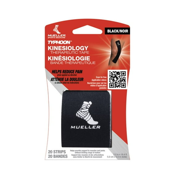 Mueller Typhoon Kinesiology Therapeutic Tape, Black, 20 Precut I-Strips