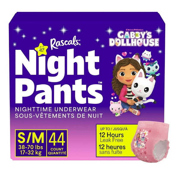 Rascals Night Pants, Absorbent Girls Nighttime Bedwetting Underwear, Gabby's Dollhouse, S/M (38-70 lbs), 44 Count