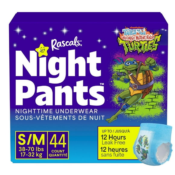 Rascals Night Pants, Absorbent Boys Nighttime Bedwetting Underwear, Teenage Mutant Ninja Turtles, S/M, 44 Count